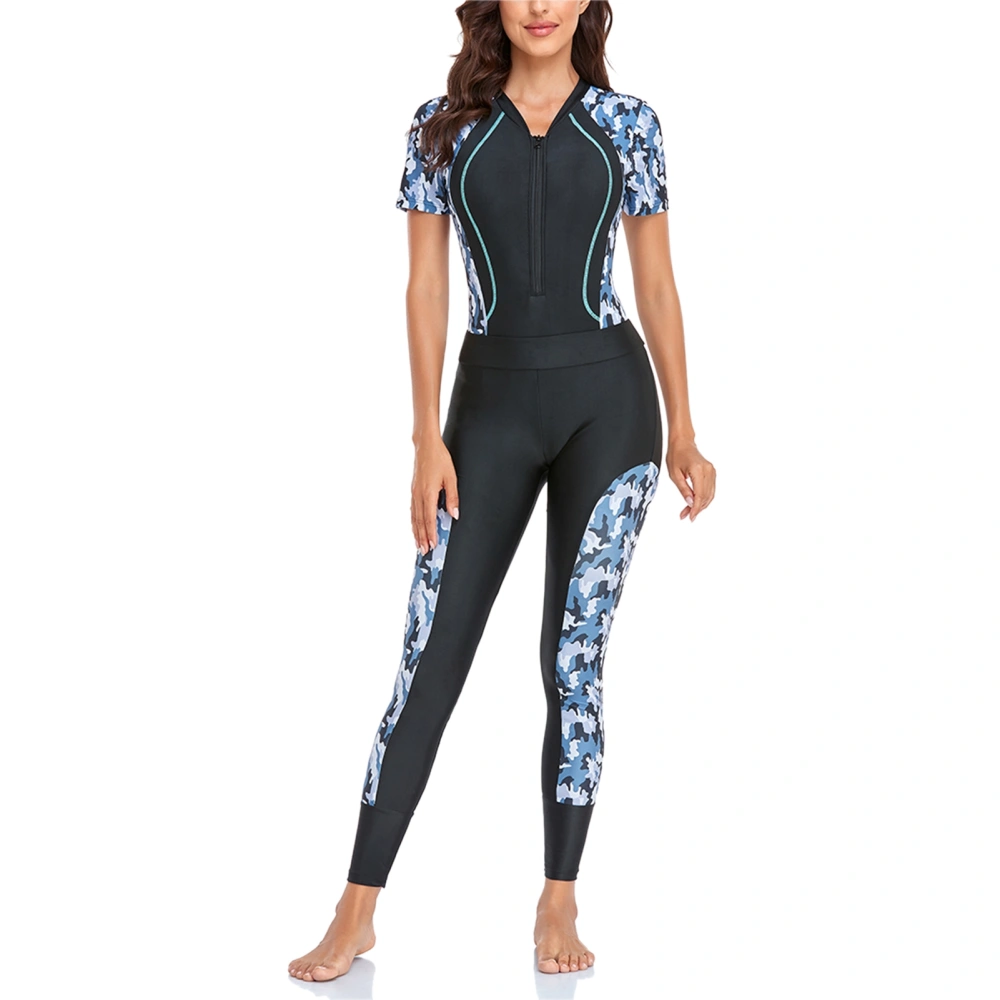 Women Short Sleeve Surfing Suit Zipper Front UV Protection Stretchy Camouflage Printed Rash Guard Black Blue Sleeve XXL