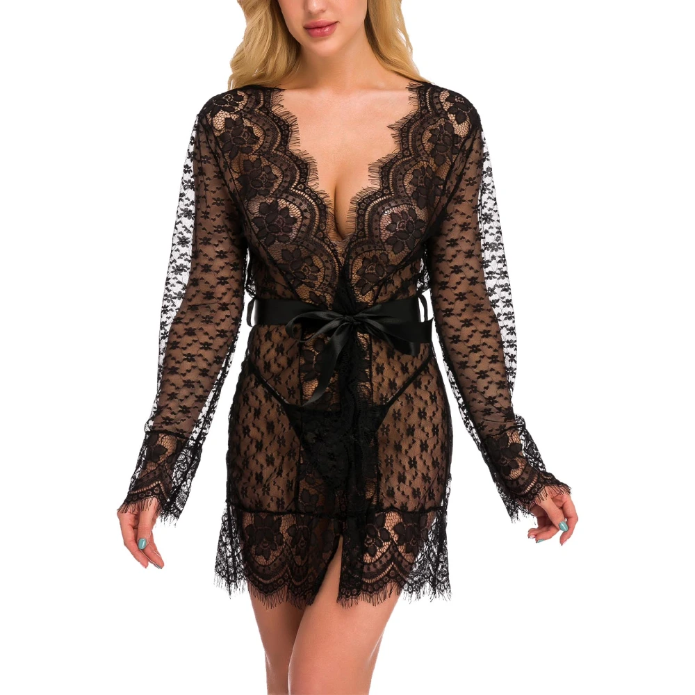 Women Lace Nightdress Suit See Through V Neck Lingerie Panty Open Front Outwear with Belt Black M