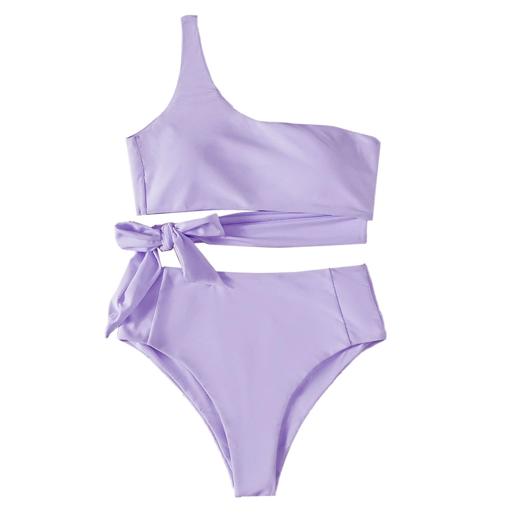 Women Swimsuit High Waisted Single Shoulder Strap Breathable Stretchy Simple Stylish Split Bathing Suits for Beach Parties Light Purple S