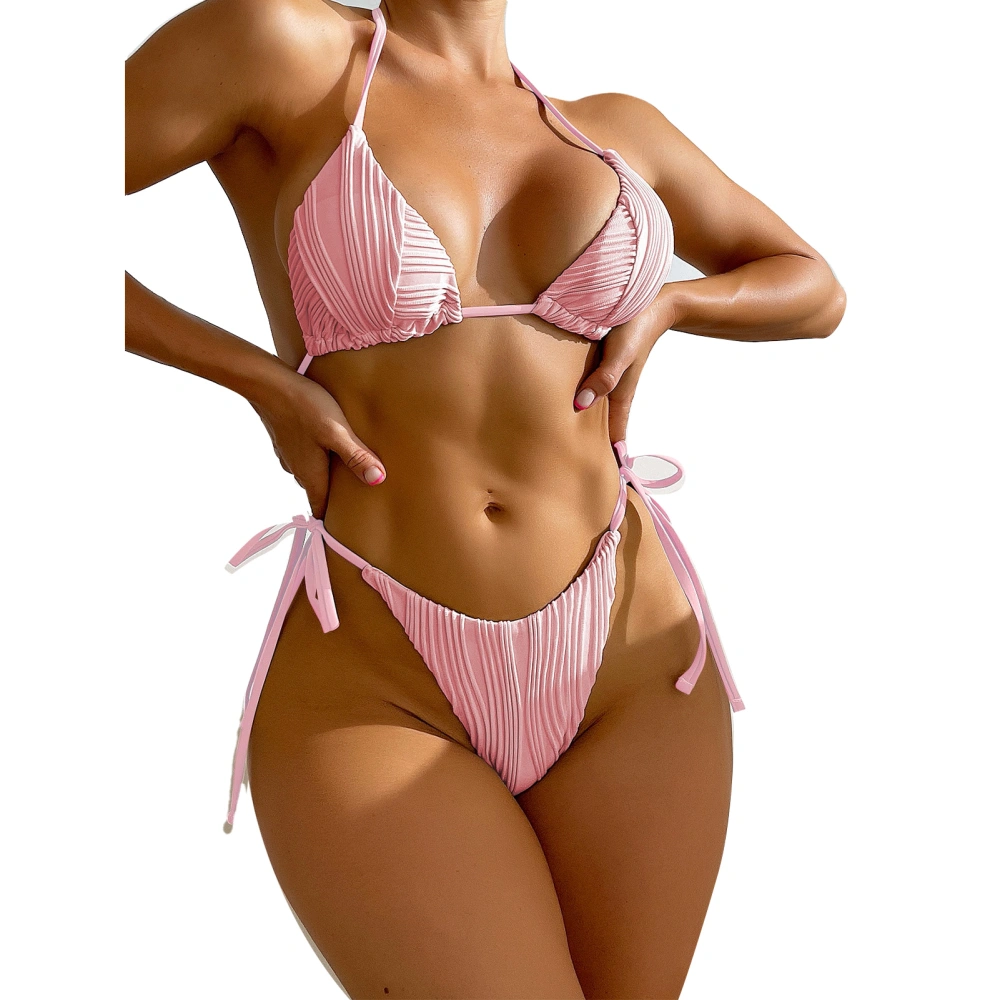 2 Pack Women Swimsuit Lace Up Triangular Cup Bra Swim Trunks Simple Stylish Women Bathing Suit for Beach Swimming Pink L