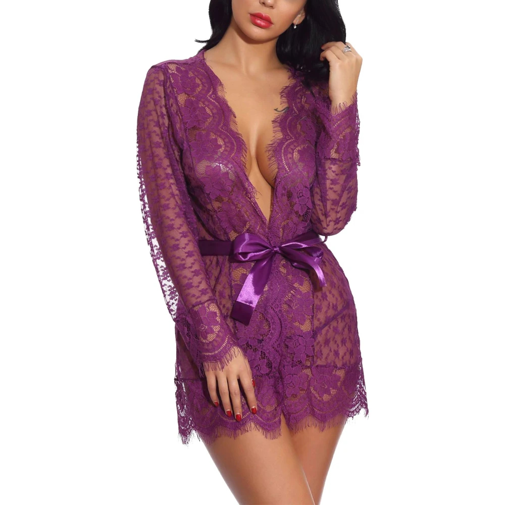 Women Lace Nightdress Suit See Through V Neck Lingerie Panty Open Front Outwear with Belt Purple L