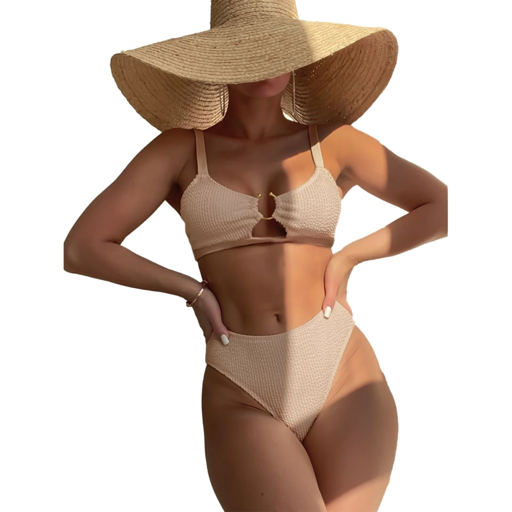 Women 2 Piece Swimsuit High Waist Bikini Split Swimwear for Swimming Pool Hot Spring Bath Light Khaki M