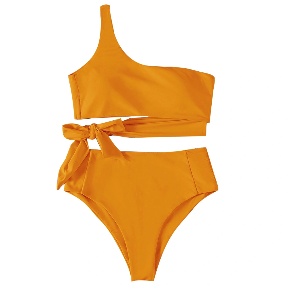 Women Swimsuit High Waisted Single Shoulder Strap Breathable Stretchy Simple Stylish Split Bathing Suits for Beach Parties Orange M