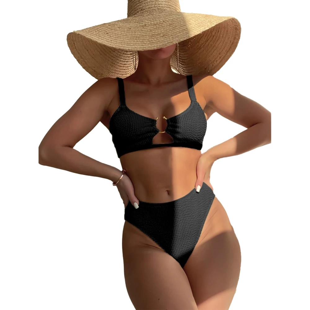 Women 2 Piece Swimsuit High Waist Bikini Split Swimwear for Swimming Pool Hot Spring Bath Black L