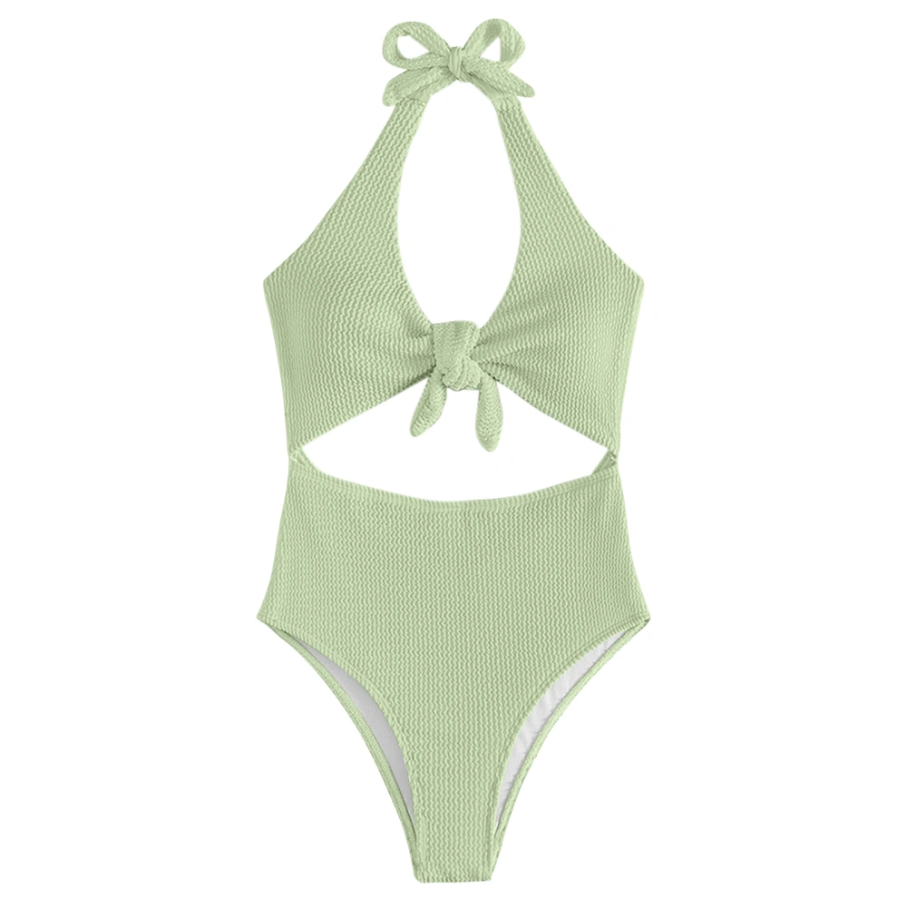 Women One Piece Swimsuit High Waist Hollow Out Halter Backless Bust Knot Bathing Suit Mint Green S