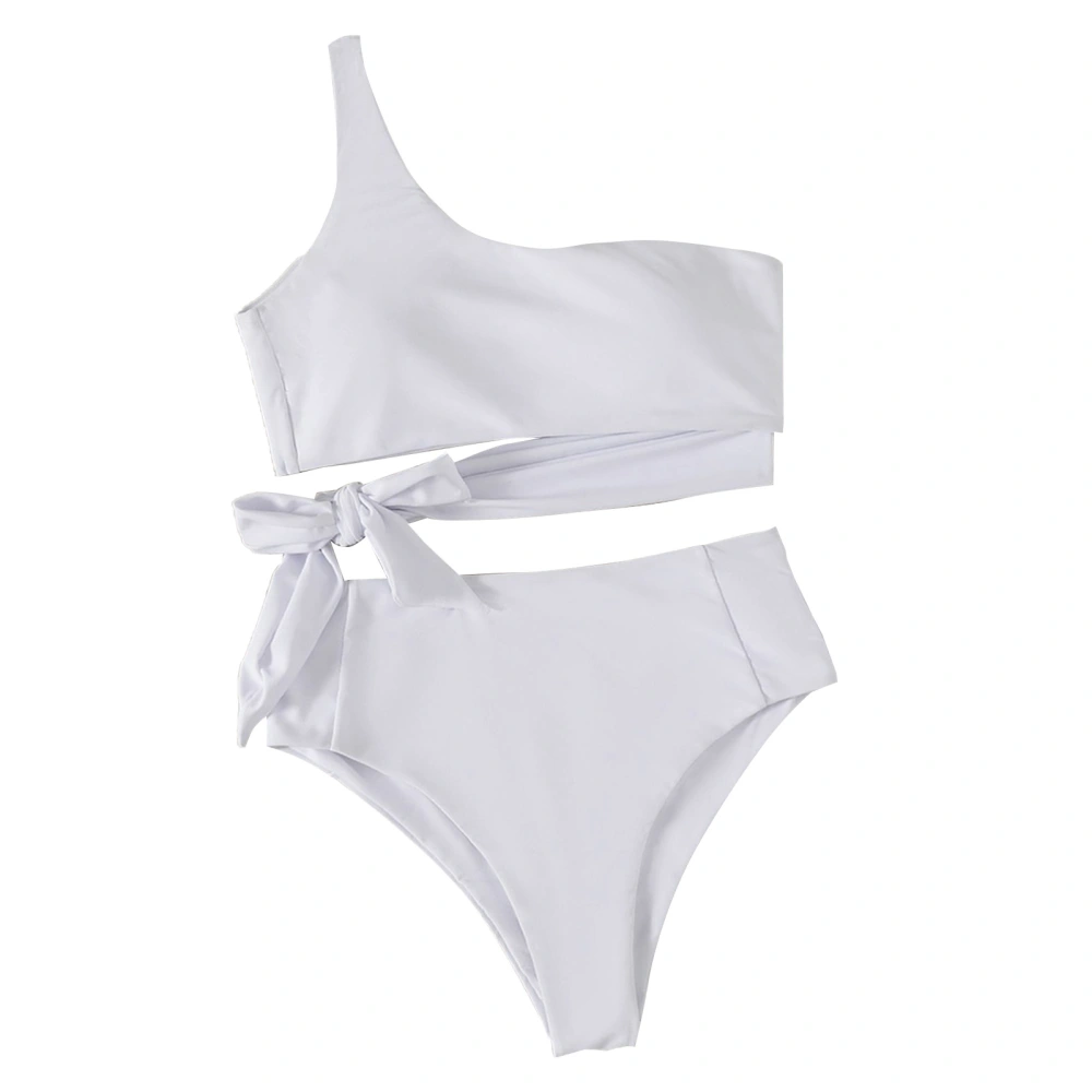 Women Swimsuit High Waisted Single Shoulder Strap Breathable Stretchy Simple Stylish Split Bathing Suits for Beach Parties Pure White L