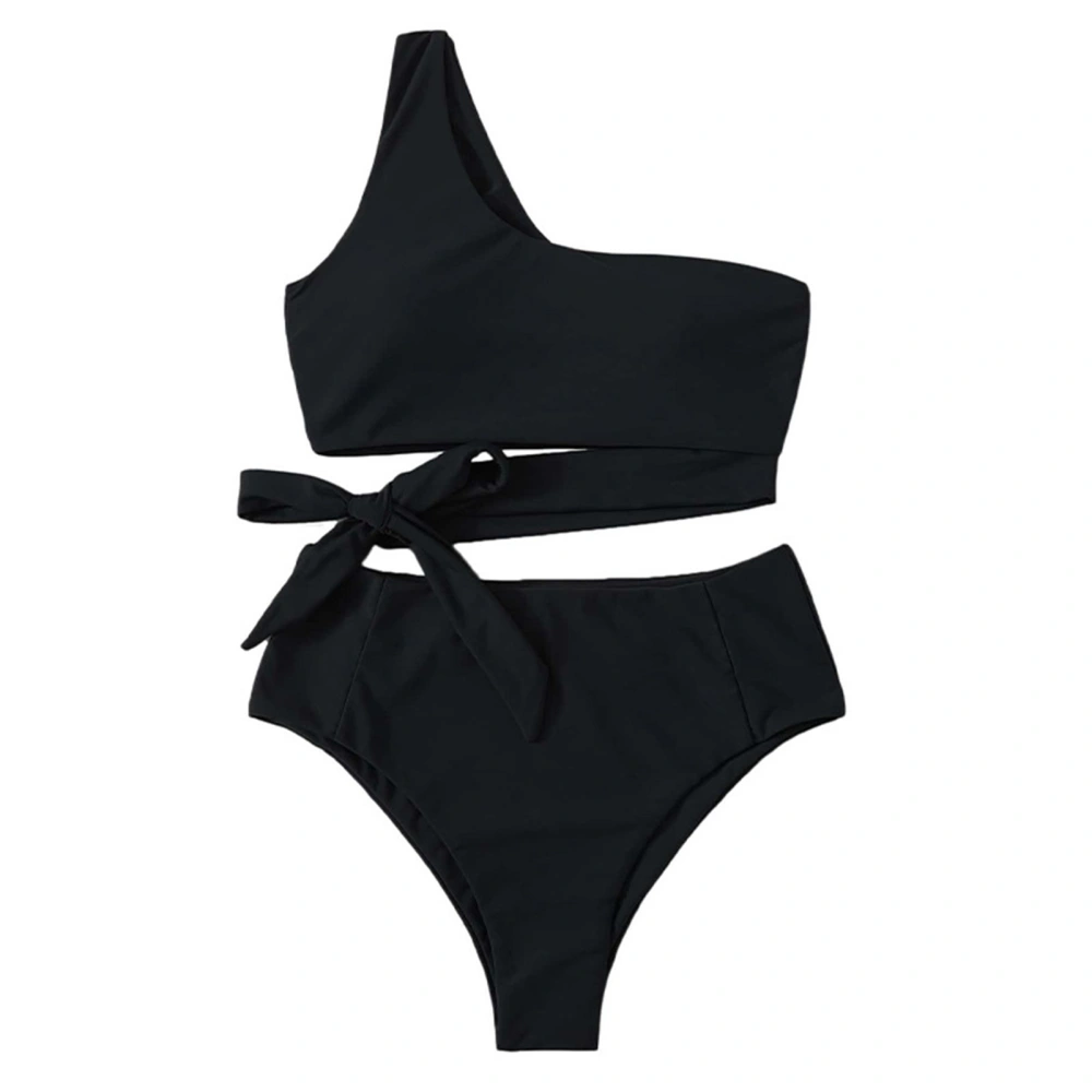 Women Swimsuit High Waisted Single Shoulder Strap Breathable Stretchy Simple Stylish Split Bathing Suits for Beach Parties Black XL