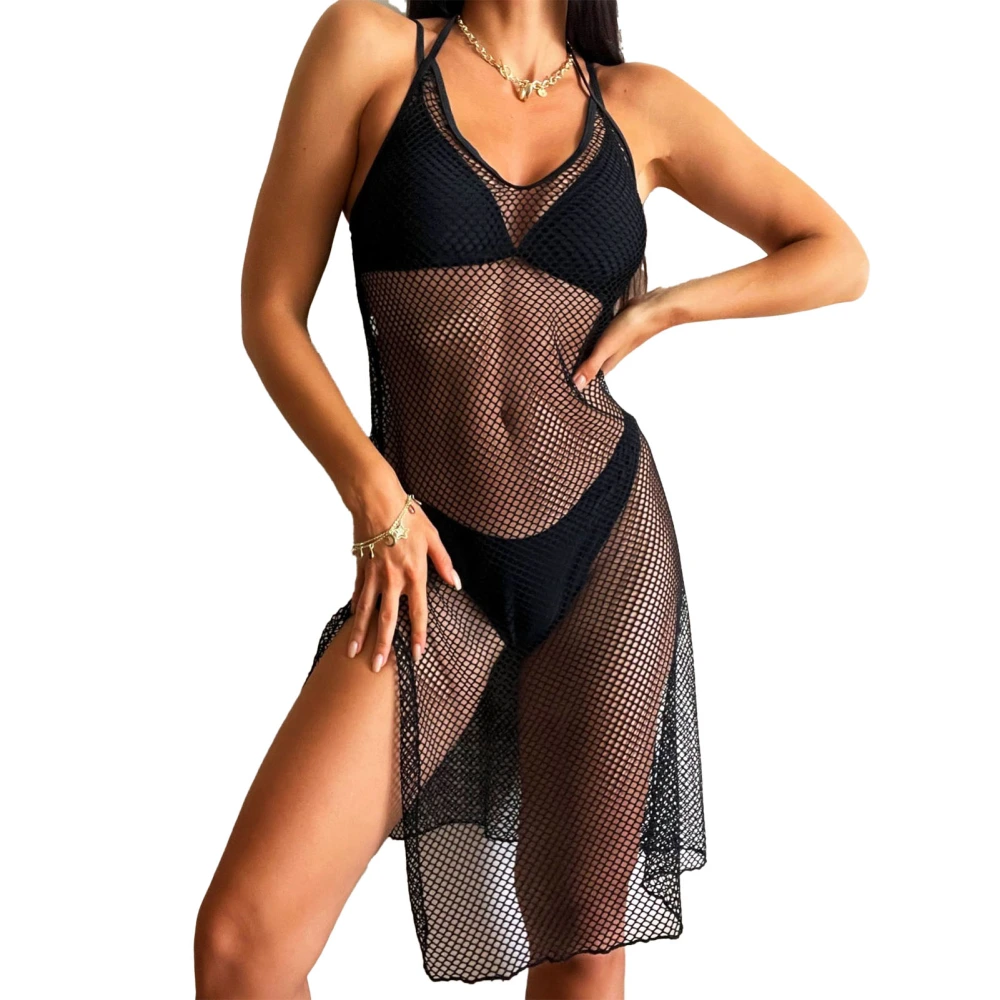 Women Bikini Set 2 Piece Swimsuit Fashionable Elegant Split Hem Halter Mesh Dress for Surfing Beach Party Black S