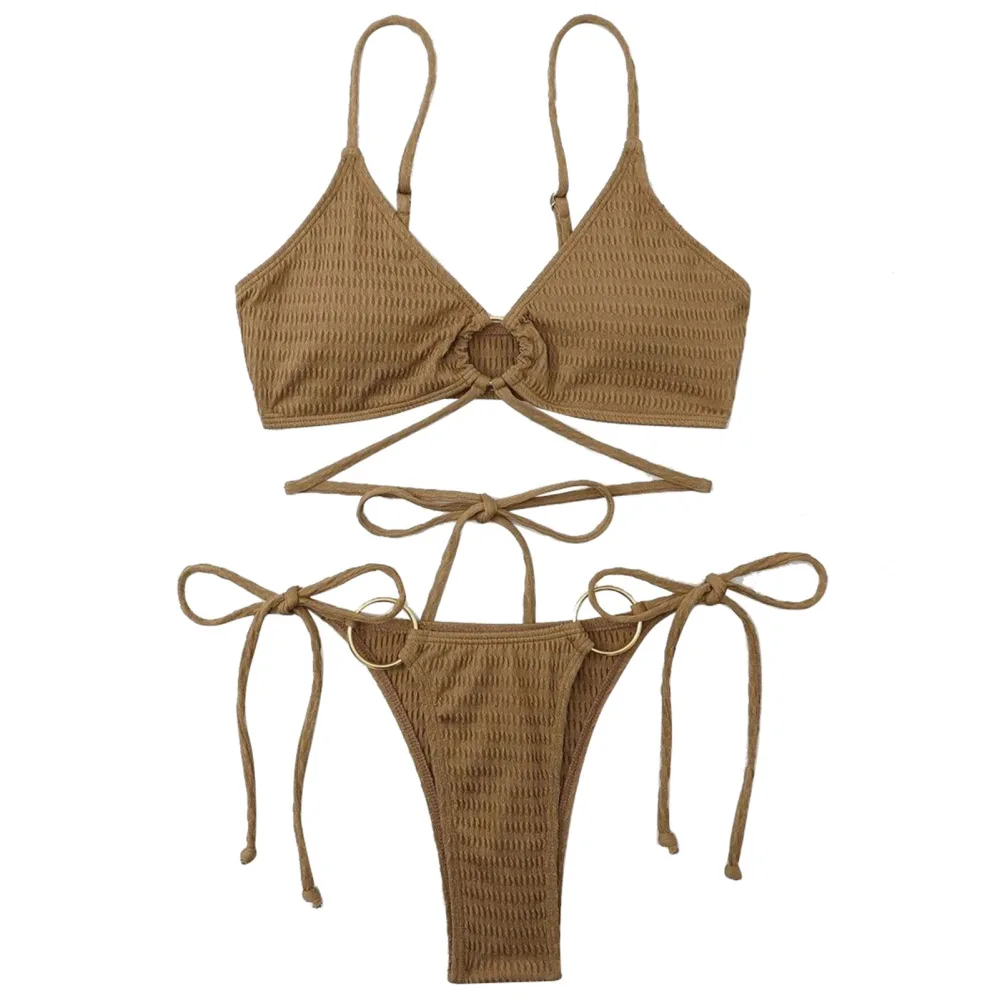 Women Swimsuit Erogenous Style Regulable Strap Detachable Padded Cup Pure Color Lace Up Split Bathing Suits for Summer Coffee Color L