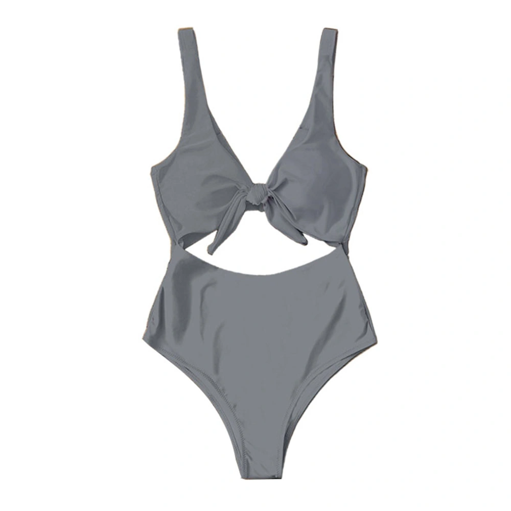 Women Bathing Suit One Piece V Neck Cutout Knot Front High Cut Backless Stretchy Bikini Swimsuit Dark Gray S