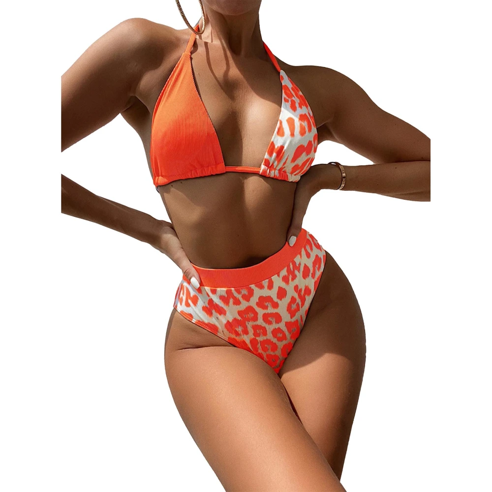 Women Bikini Swimsuit Lace Up Color Block Ribbed Backless 2 Piece Bikini Bathing Suit for Water Party Orange M