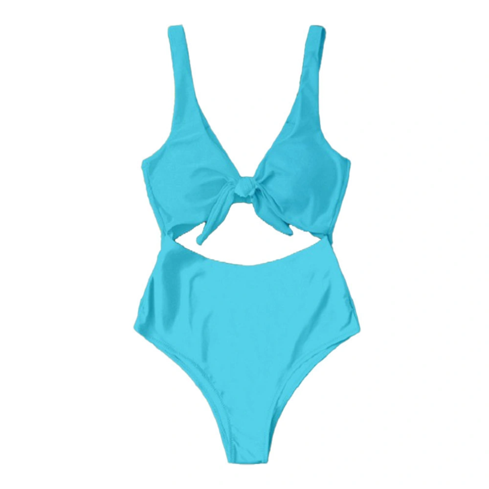 Women Bathing Suit One Piece V Neck Cutout Knot Front High Cut Backless Stretchy Bikini Swimsuit Light Blue XL