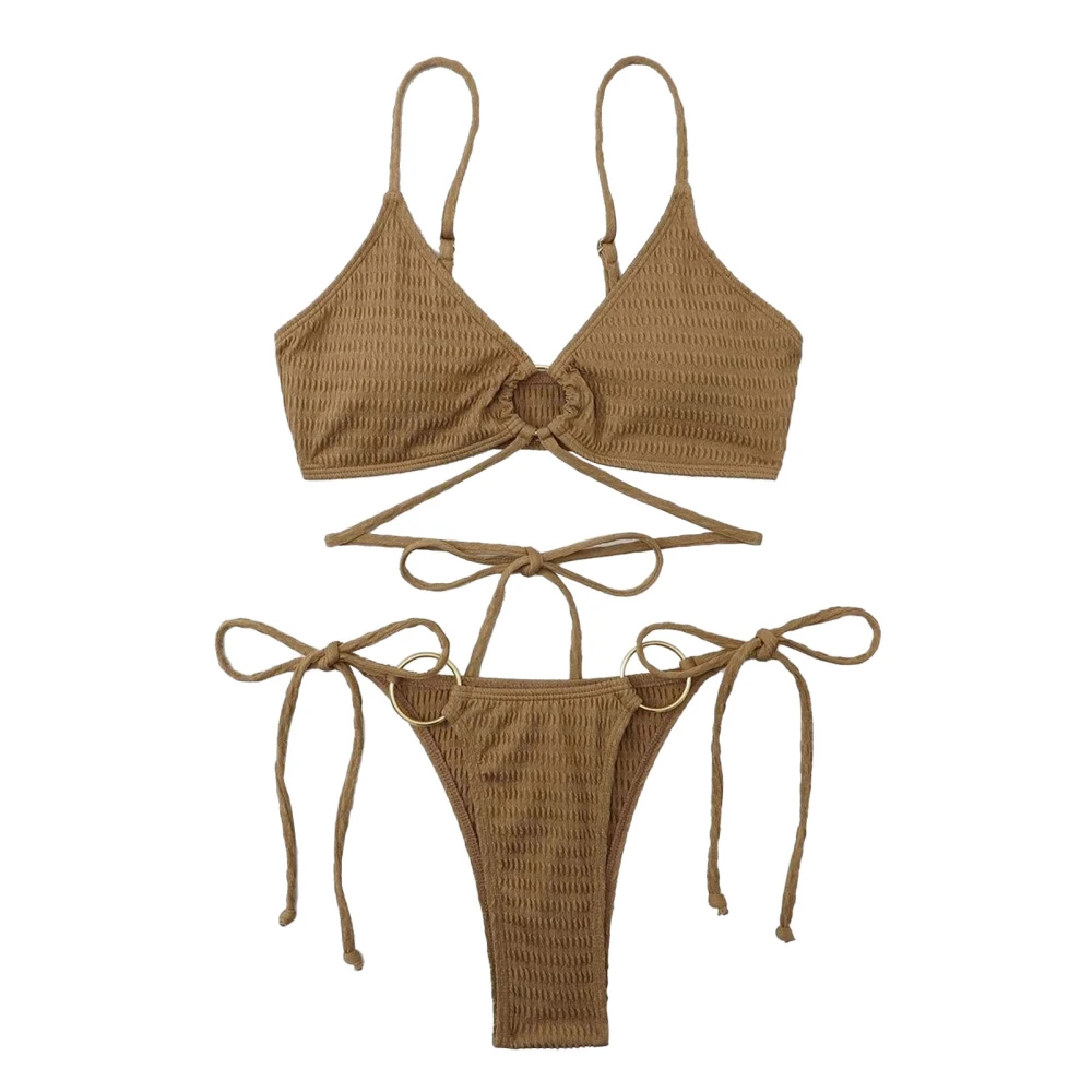 2 Piece Bikini Swimsuit Pure Color Backless Women Strappy Bathing Suit with Metal Ring for Beach Surfing Sunbathing Coffee Color M