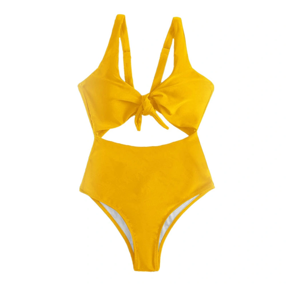 Women Bathing Suit One Piece V Neck Cutout Knot Front High Cut Backless Stretchy Bikini Swimsuit Yellow S