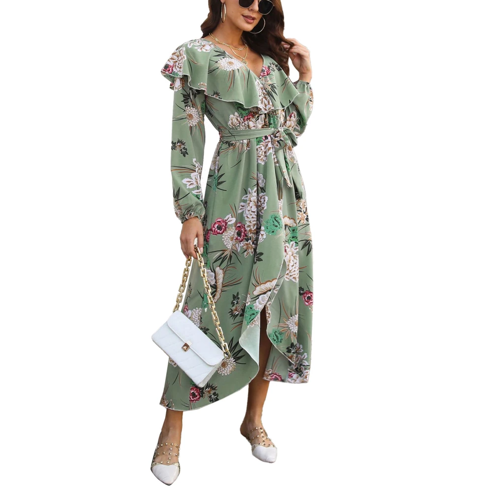 Long Sleeved Dress Floral Print V Neck Ruffled Collar Comfortable Pleated Dress for Work Shopping Office School Light Green XL