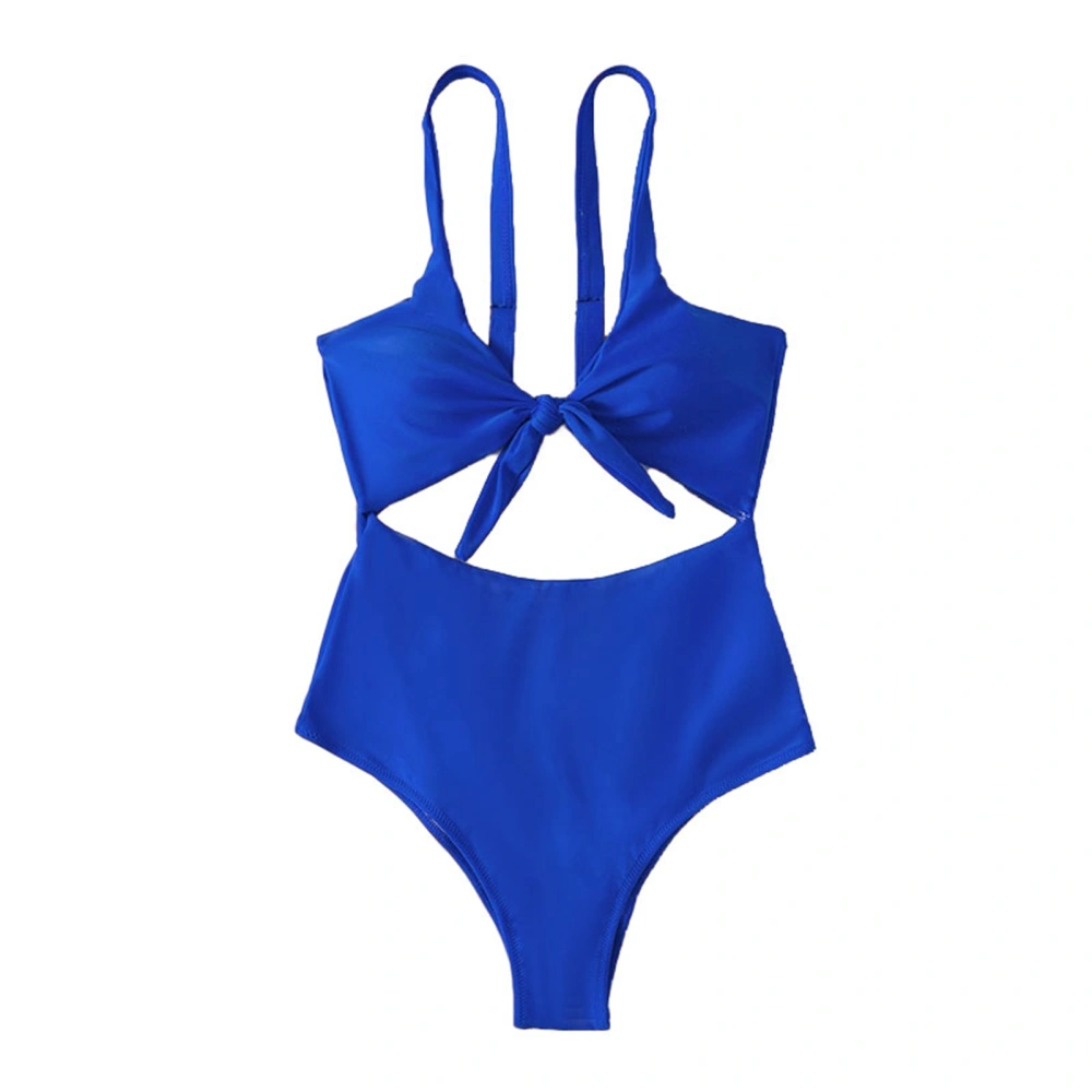 Women Bathing Suit One Piece V Neck Cutout Knot Front High Cut Backless Stretchy Bikini Swimsuit Blue L