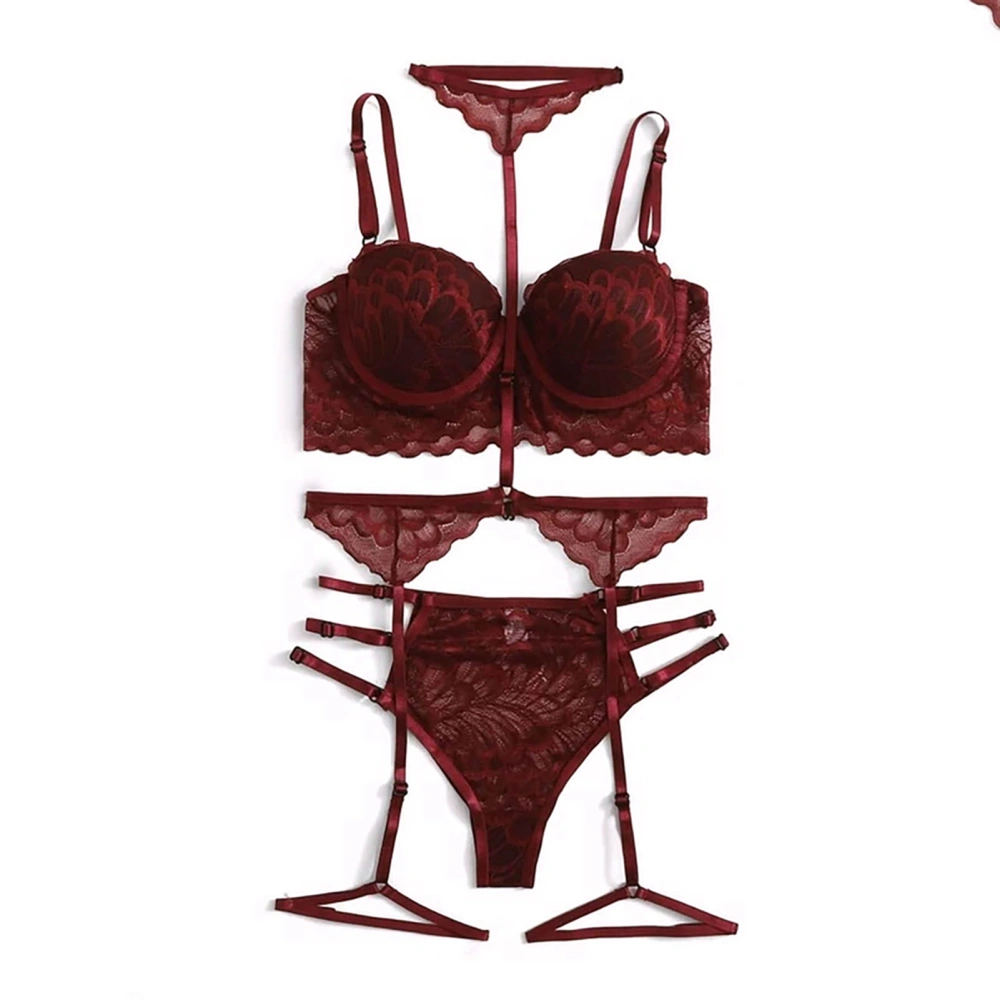 Women Lingerie Set Fashionable Elegant Lace Bra Panty Garter Belt Set Sleepwear for Wedding Night Burgundy L