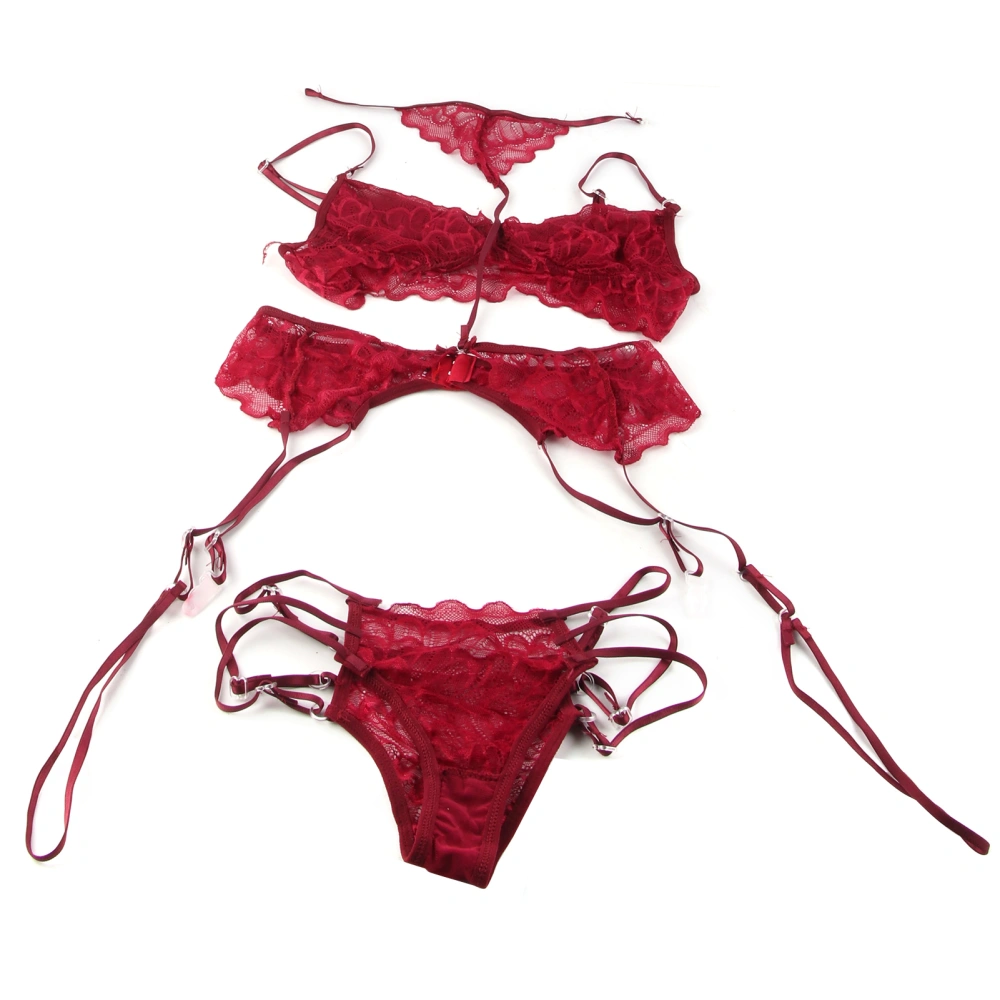 Women Lingerie Set Fashionable Elegant Lace Bra Panty Garter Belt Set Sleepwear for Wedding Night Burgundy M