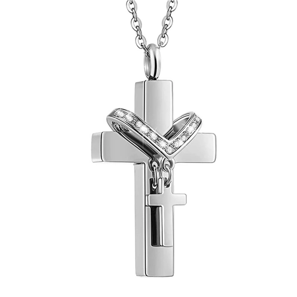 Crucifix Pendant Rhinestones 2 Cross Delicate Ti Steel Cross Necklace Gift Silver