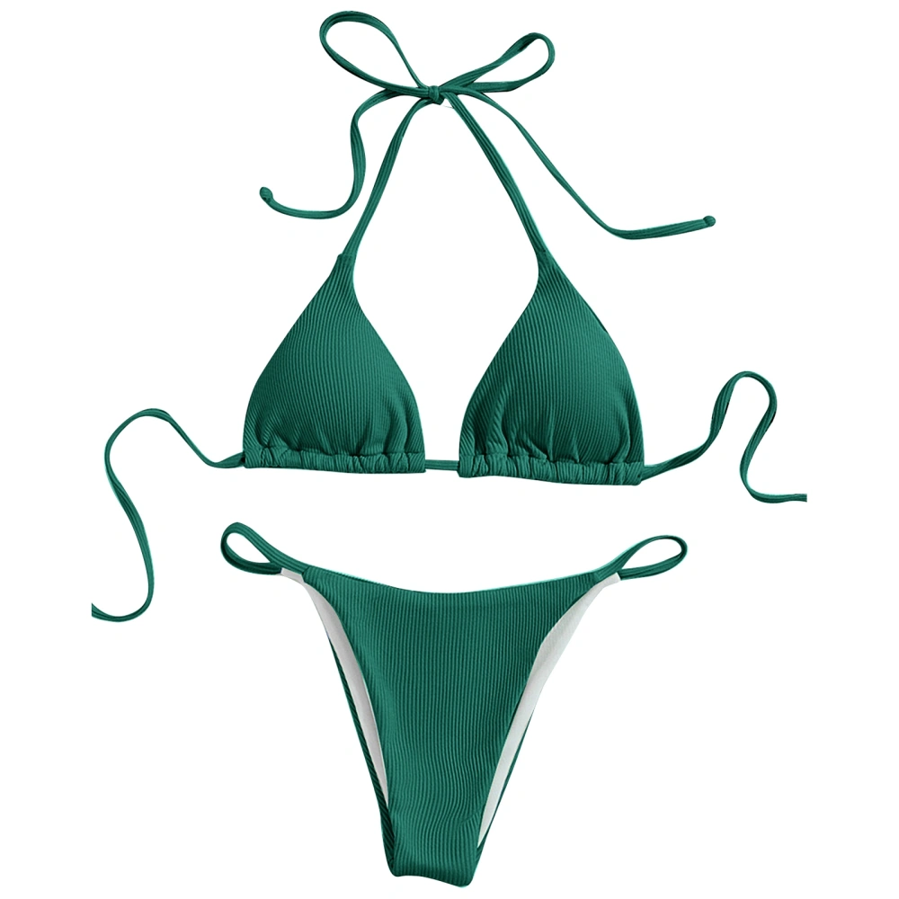 Women Bikini Set Fashionable Halterneck Rope Design Stretchy Split Swimwear Two Piece Swimsuit Green M