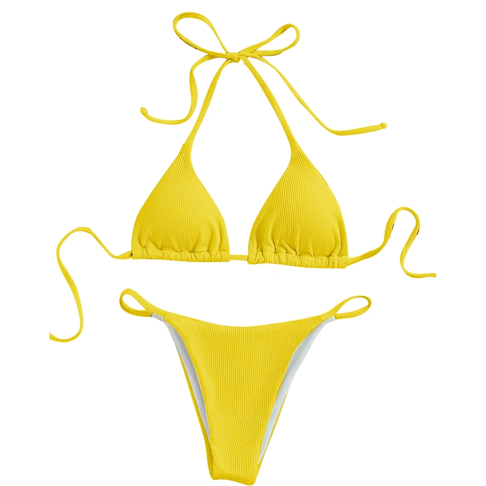 Women Bikini Set Fashionable Halterneck Rope Design Stretchy Split Swimwear Two Piece Swimsuit Yellow M