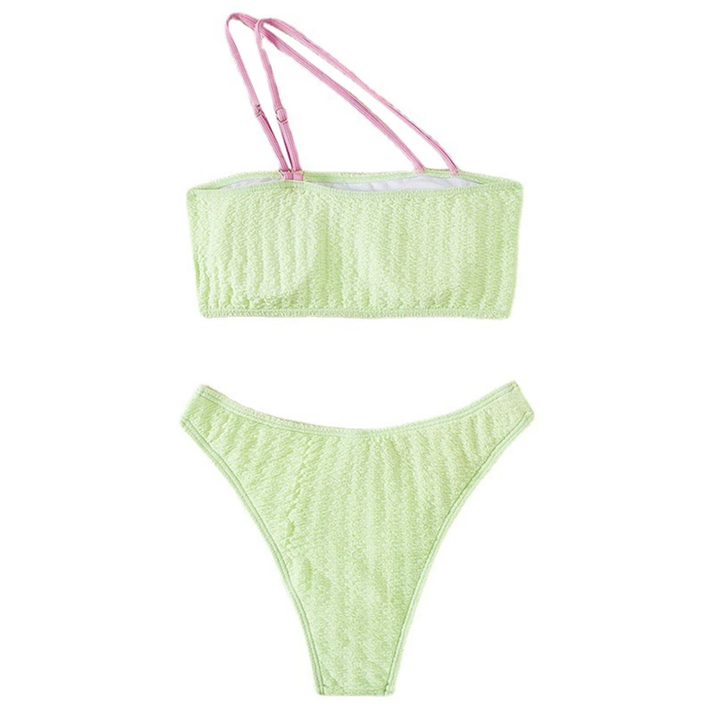 Women 2 Piece Bikini Swimsuit One Shoulder Ribbed Pure Color Bikini Bathing Suit for Summer Swimming Light Green XL