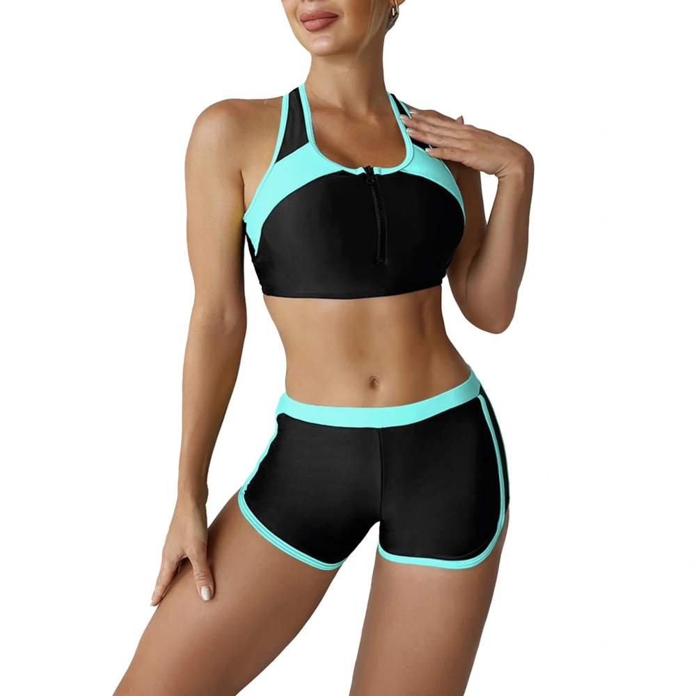 Women Sports Bikini Set Fashionable Front Zipper Bra Color Block 2 Piece Swimsuit Bathing Suit for Surfing Azure Green XXL