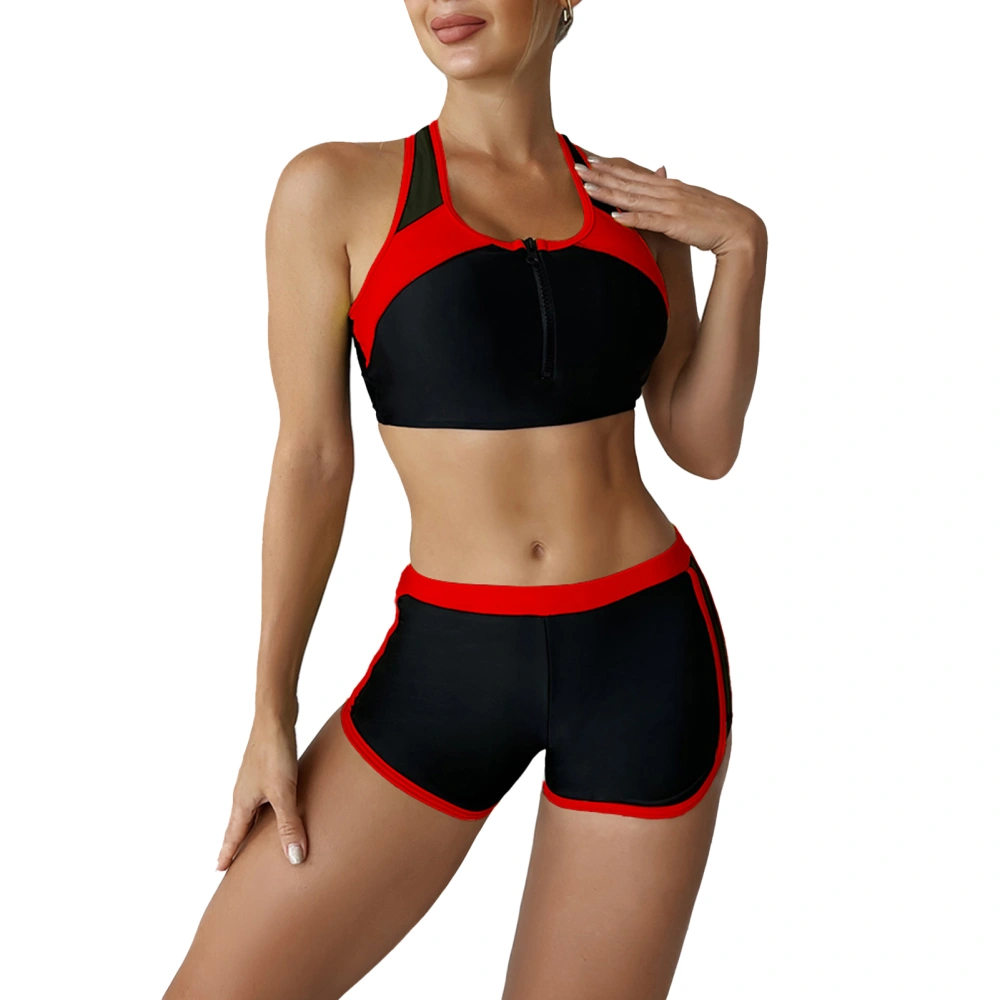 Women Sports Bikini Set Fashionable Front Zipper Bra Color Block 2 Piece Swimsuit Bathing Suit for Surfing Red L