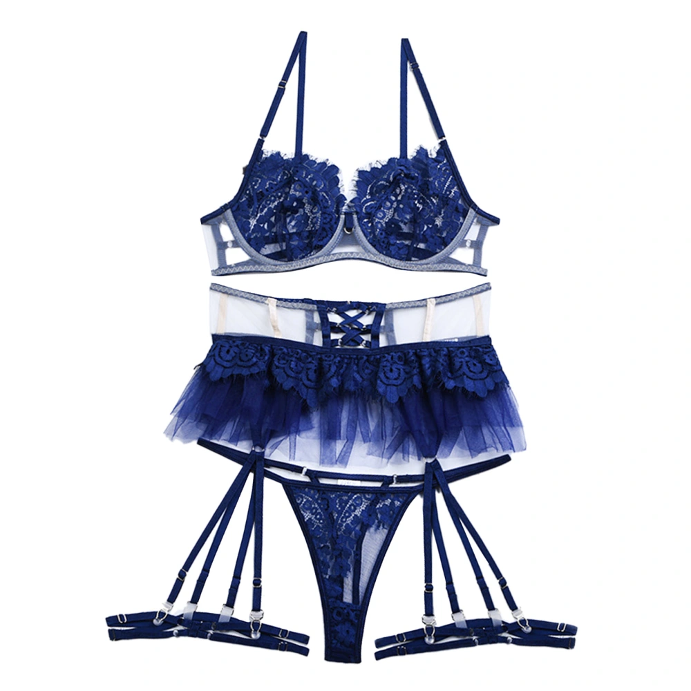 Women Lingerie Set Fashionable Elegant Lace Mesh Bra Panty with Garter Belt Leg Ring Set for Wedding Night Blue L