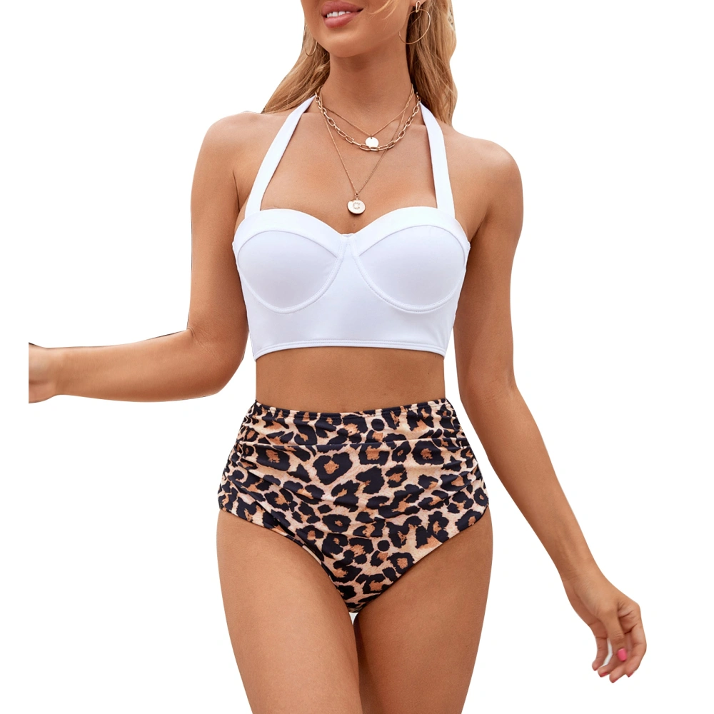 Bikini High Waisted Natural Print Bottom 1/2 Cup Wireless Strap Adjustable Bra Split Swimsuit for Beach Surfing White Large Leopard Print M