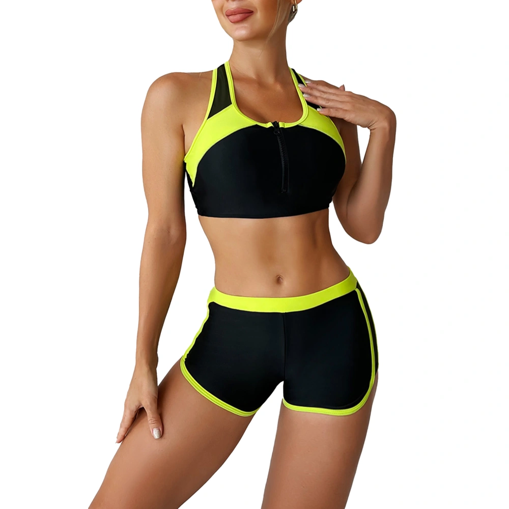 Women Sports Bikini Set Fashionable Front Zipper Bra Color Block 2 Piece Swimsuit Bathing Suit for Surfing Yellow S