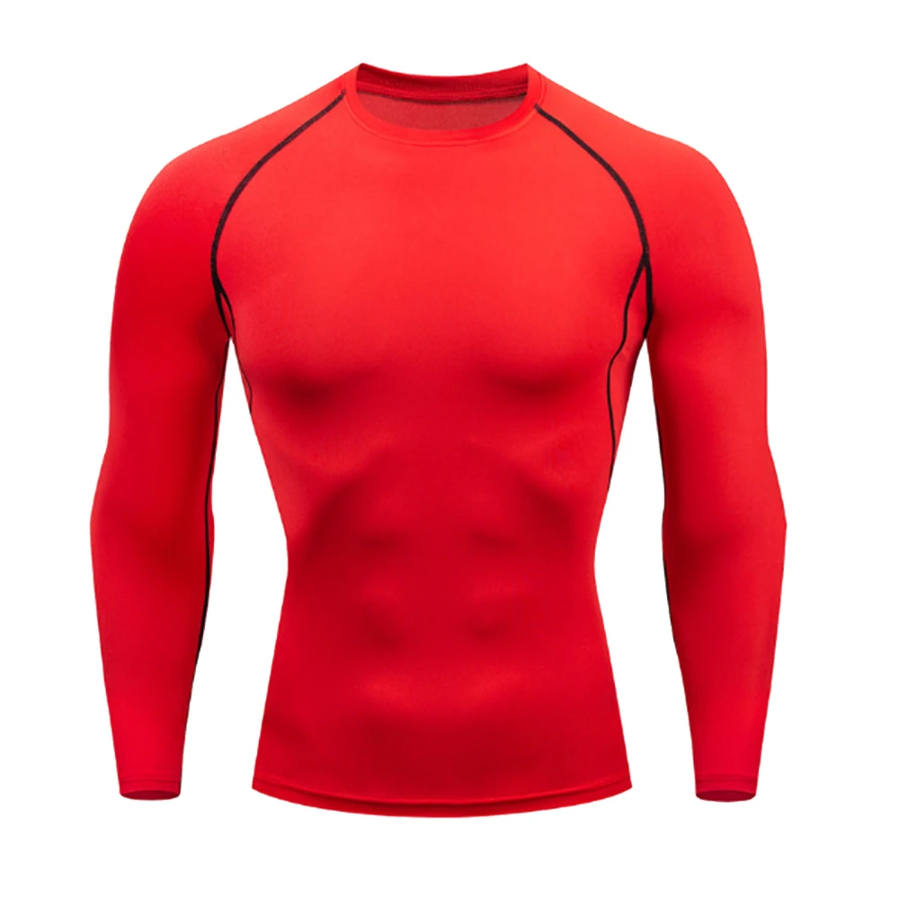 Men Compression Shirt Red Crewneck Quick Dry Elastic Breathable Long Sleeve Athletic Workout Shirt for Running Gym Sport Red L