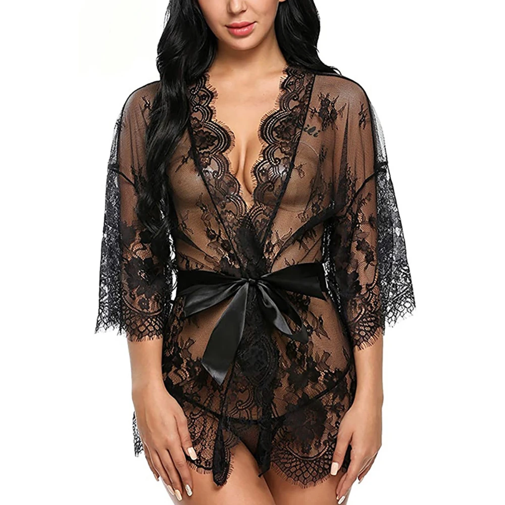 3 Piece Women Lingerie Robe Lace See Through 3/4 Sleeve Hollow Out Breathable Mesh Nightgown Black S