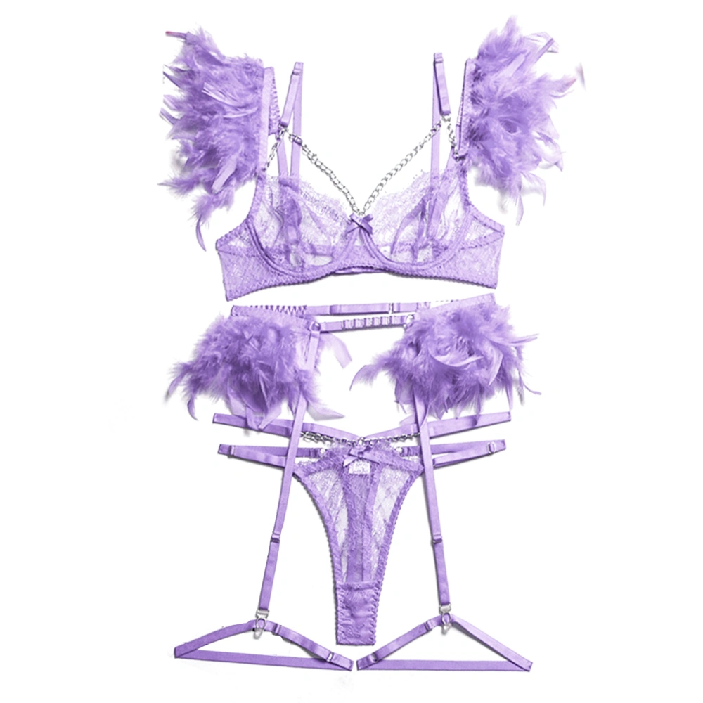 Lace Lingerie Set Feather Trim Chain Strappy 3/4 Cup Underwire Bra Panties with Garter Leg Loops for Honeymoon Purple M