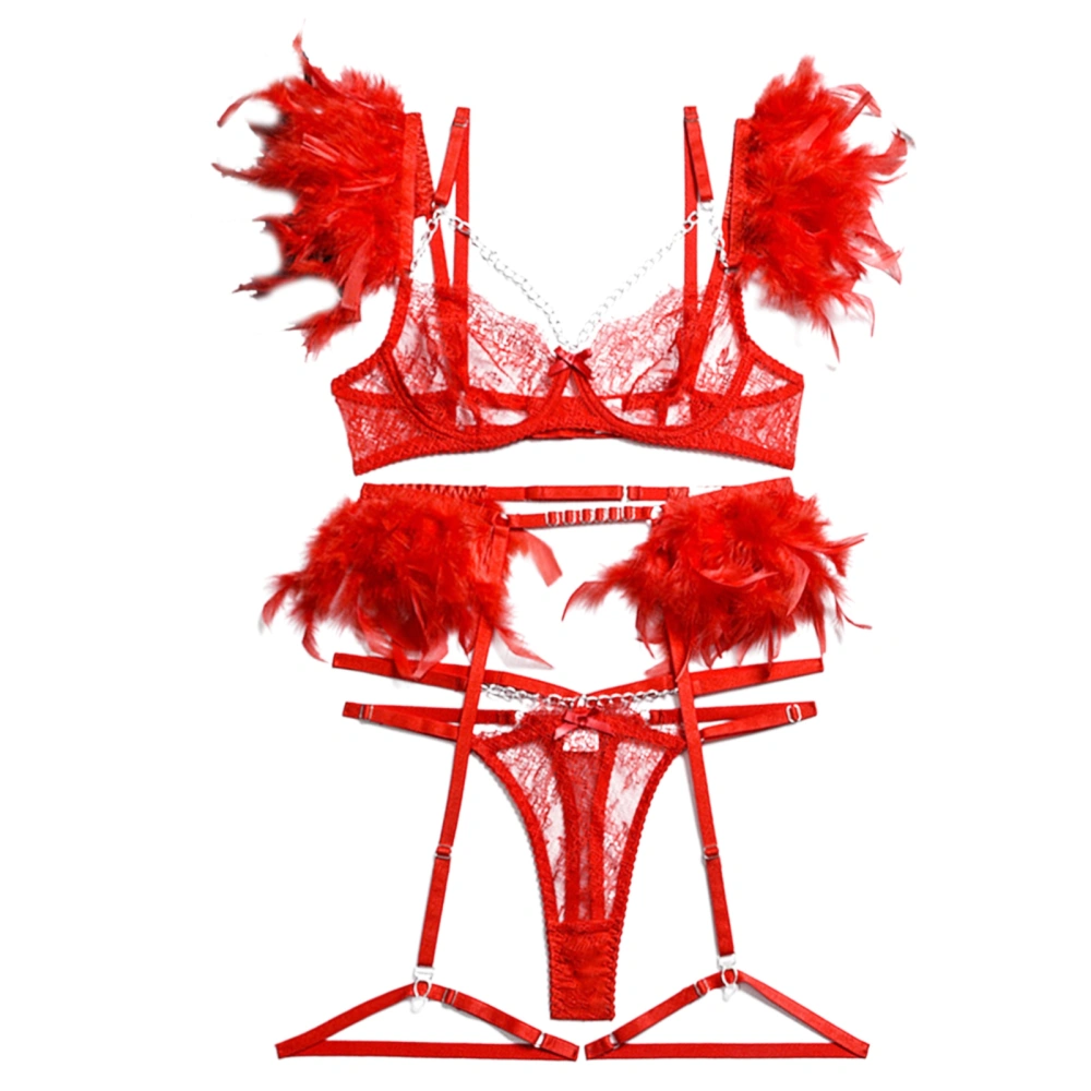 Lace Lingerie Set Feather Trim Chain Strappy 3/4 Cup Underwire Bra Panties with Garter Leg Loops for Honeymoon Red M