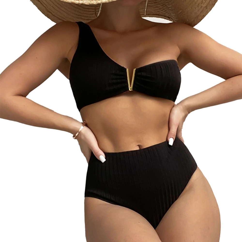 Women One Shoulder Backless Bikini Set Fashionable Elegant 2 Piece Swimsuit Bathing Suit for Pool Party Black L