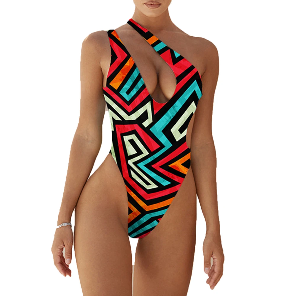 Women One Piece Swimsuit Single Shoulder Deep Neck Beautiful Patterns High Waist Bathing Suit Type 4 L