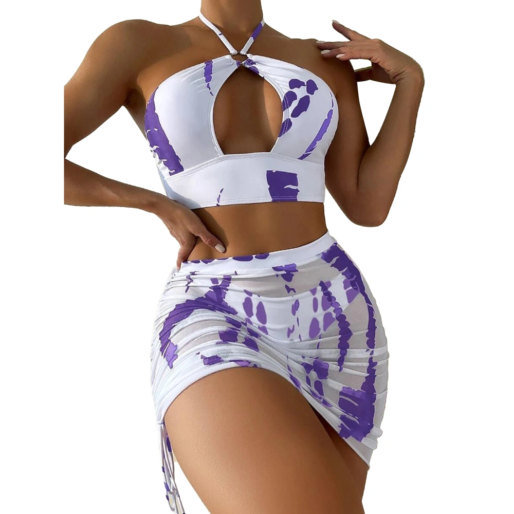 Women Criss Cross Halter Bikini Swimsuit Set Fashionable Causal Tie Dye 3 Piece Swimsuit with Beach Skirt Purple White XL