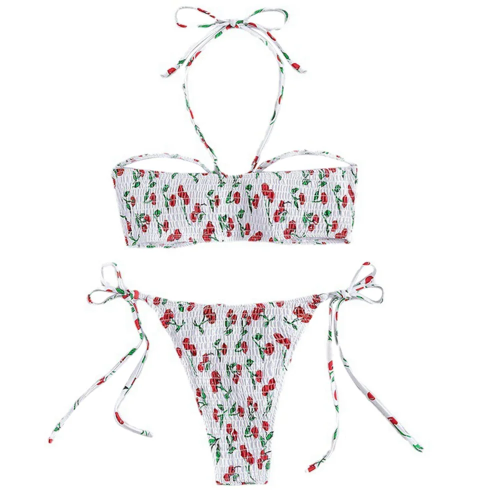 Women Bikini Set Two Piece Halter Neck Printed Backless High Cut Stretchy Shirred Bathing Swimsuit White Cherry Blossom XL