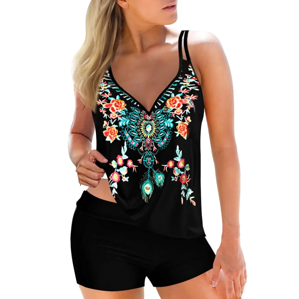 Women Tankini Swimsuit 2 Piece Bathing Suit V Neck Floral Print Tank Top with Swim Shorts for Beach Party Type 2 M