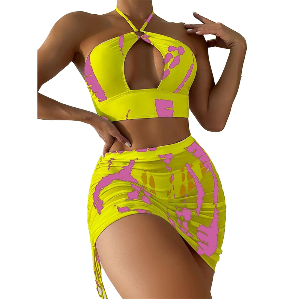 Women Criss Cross Halter Bikini Swimsuit Set Fashionable Causal Tie Dye 3 Piece Swimsuit with Beach Skirt Yellow M