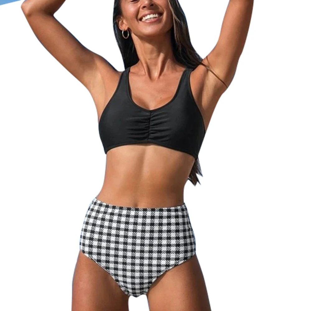 Two Piece Swimsuit Backless Pure Color High Waisted Front Ruched Bikini Swimwear for Beach Party Surfing Black White Plaid XL