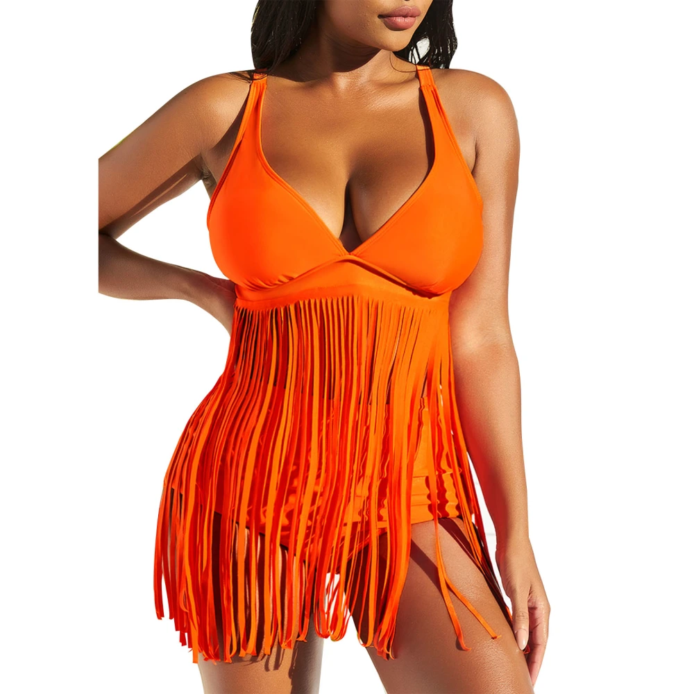 Fringe Swimwear V Neck Plus Size Spaghetti Straps Tassel Design Two Piece Swimsuit for Swimming Beach Pool Orange XXL