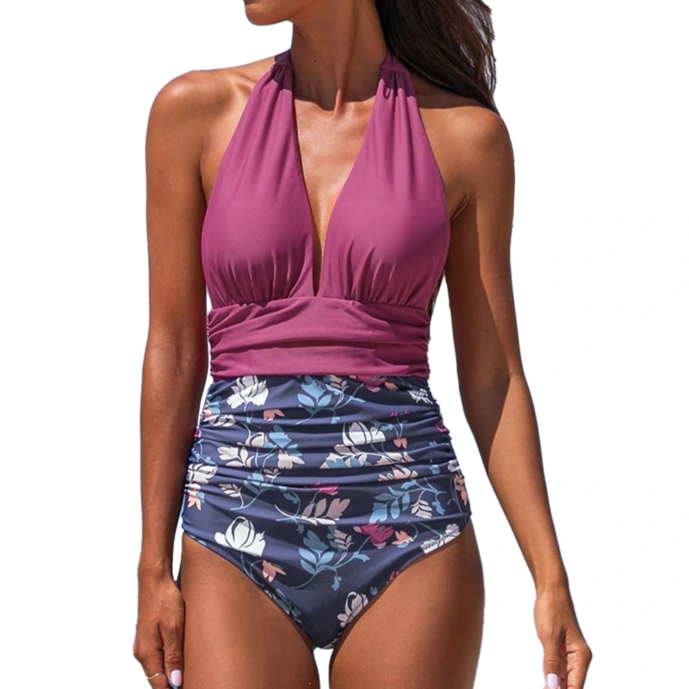 Women One Piece Swimsuit Deep V Neck Backless Flower Printing Splicing Halter Bathing Suit Purple S