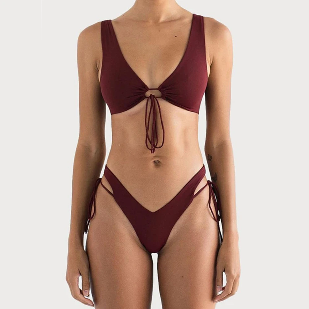 2 Pack Women Bikini Swimsuit Simple Retro Breathable Charming Two Piece Swimsuit Bathing Suit for Beach Parties SPA Bath Wine Red M