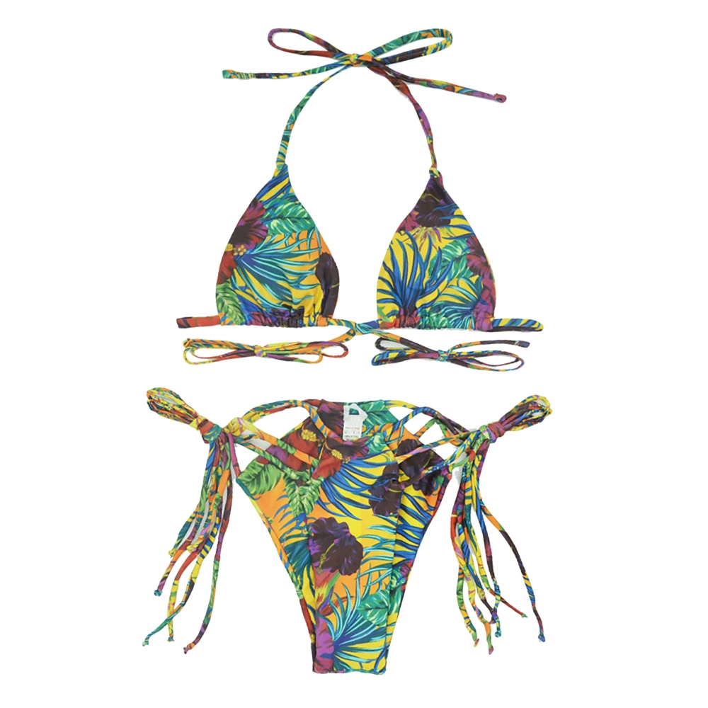 Women Two Piece Bikini Printed Halter Neck Backless Breathable High Cut Criss Cross Bathing Suit coloured Leaf L