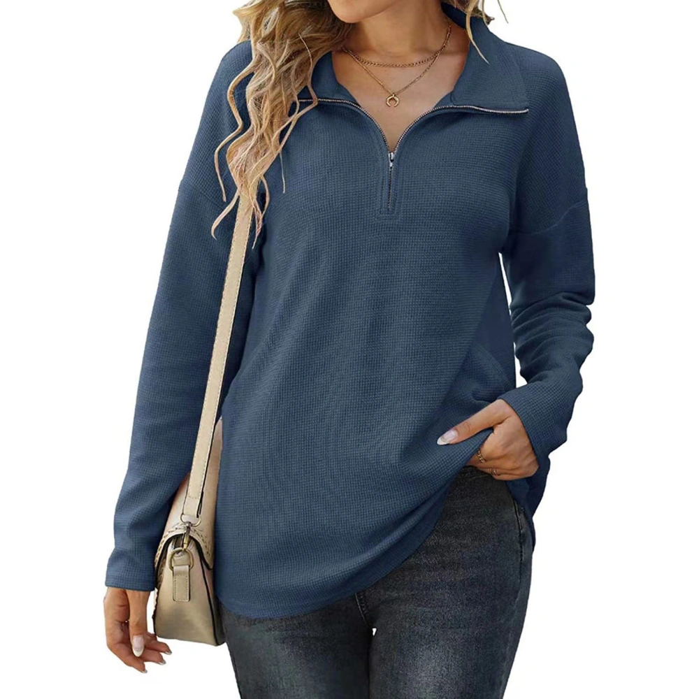 Women Long Sleeves Knit Top Turn Down Collar Zipper V Neck Loose Type Casual T Shirt Blue XL