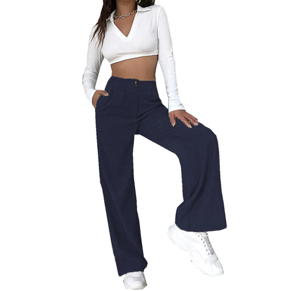 Women Casual Trousers High Waist Straight Leg Loose Comfortable Pure Color Women Casual Pants Purplish Blue L