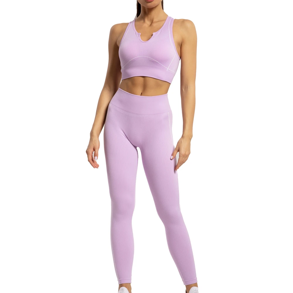 Workout Outfit for Women 2 Piece Seamless Sport Bra High Waist Yoga Leggings Set for Running Purple S