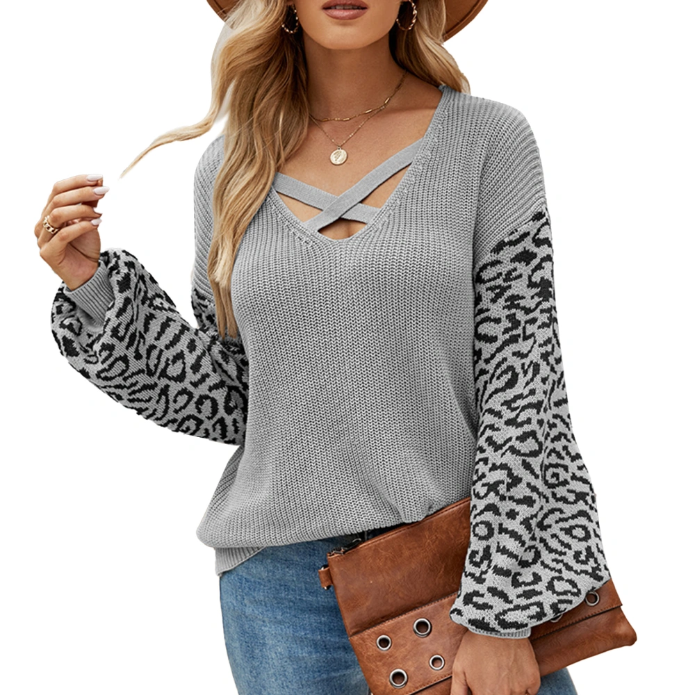 Sweater V Neck Low Cut Criss Cross Lantern Leopard Print Long Sleeves Casual Pullover for Fall Winter Grey XL